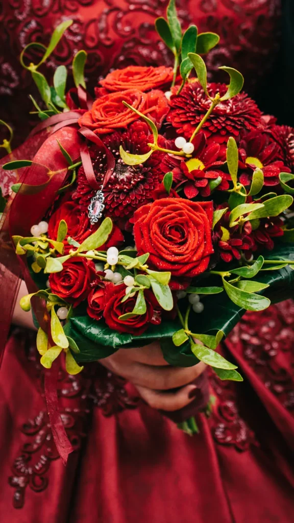 Detailaufnahme des in rot gehaltenen Brautstrausses bei einer Hochzeit im Schloss Fallersleben in Wolfsburg